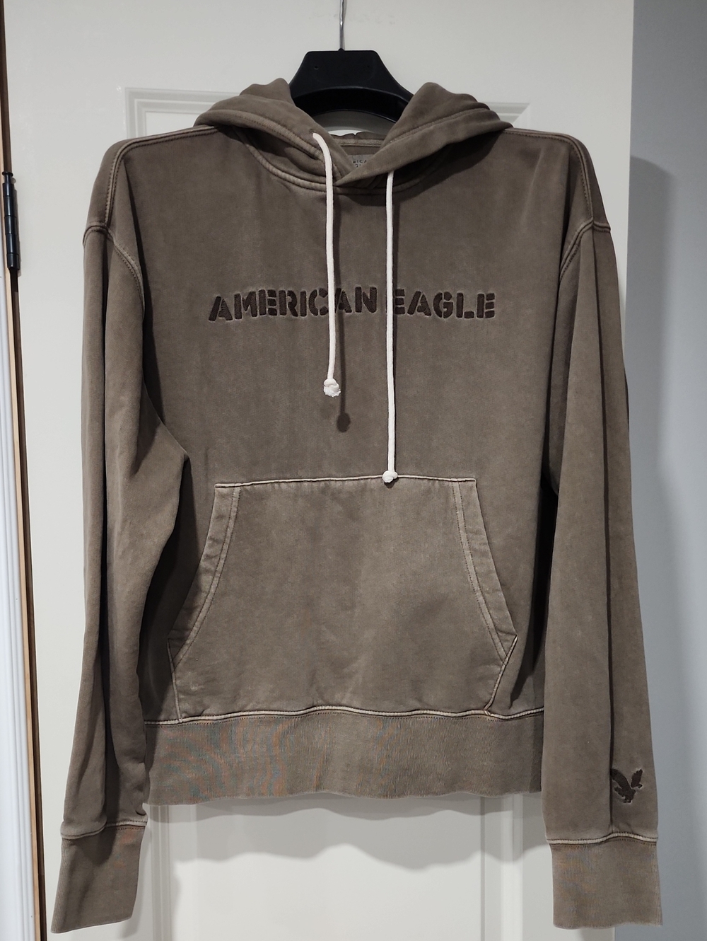 American Eagle Outfitters Olive-Green Pullover Hoodie with White Drawcords